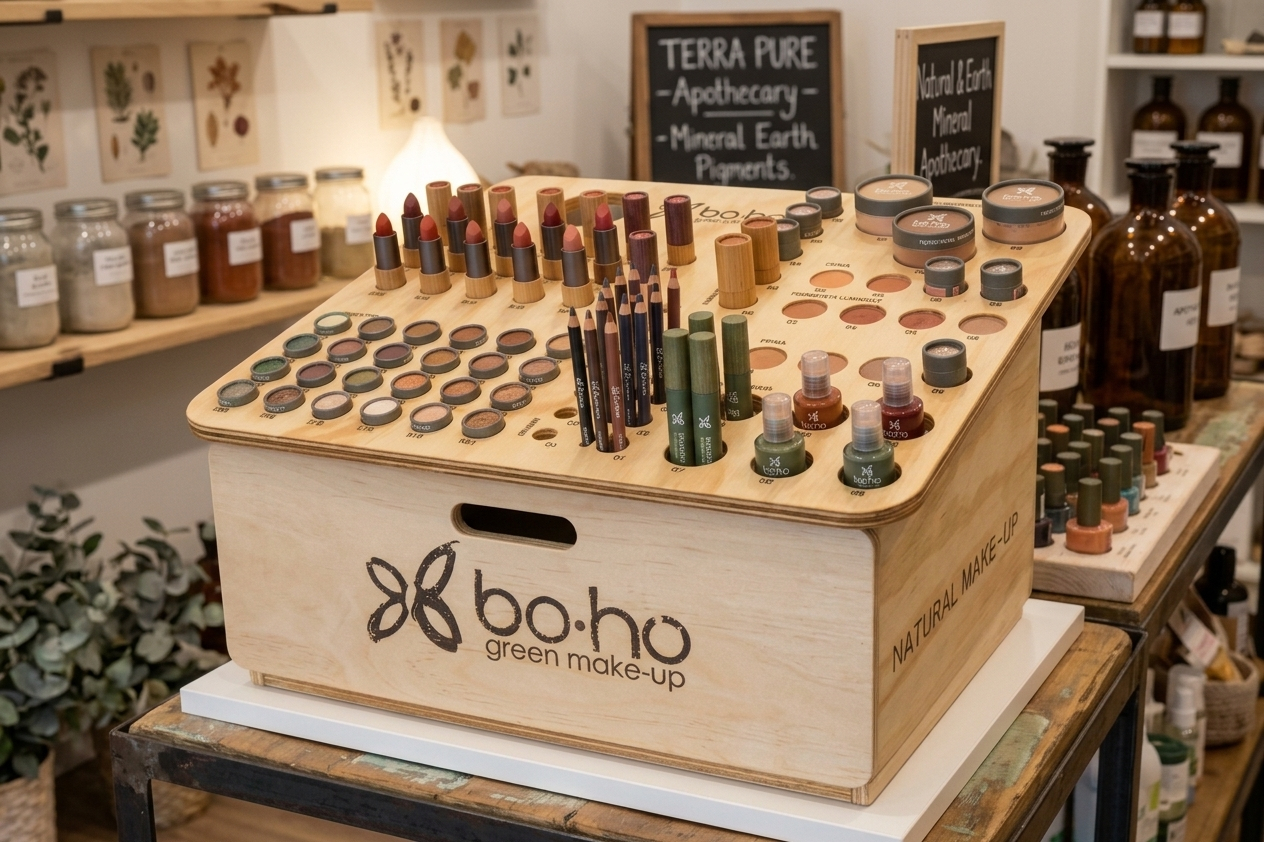 espositore da banco in legno multistrato per cosmetici e trucchi